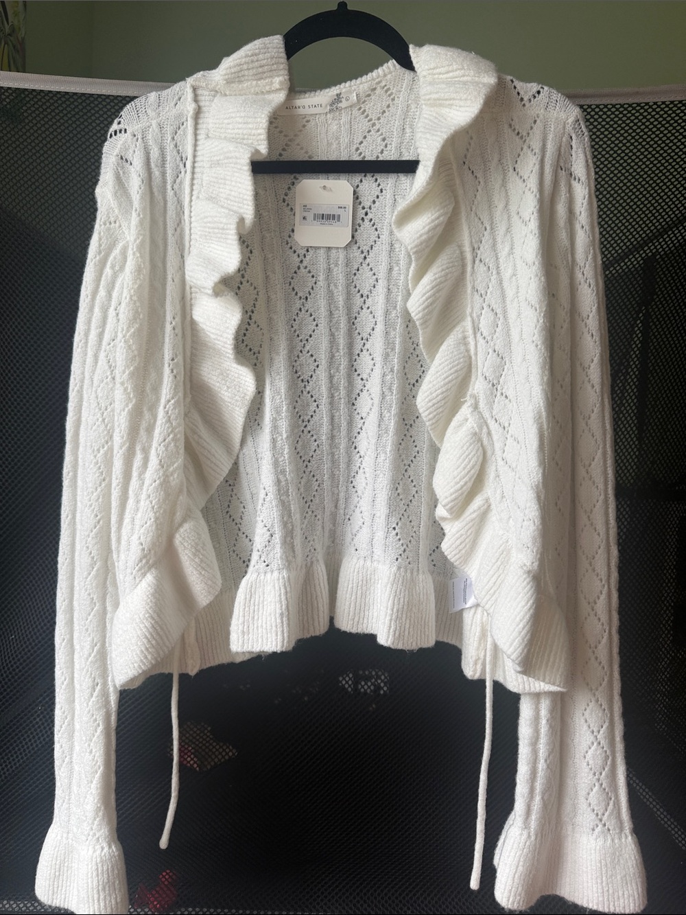 Altar'd State Cream Ruffled Open-Front Cardigan